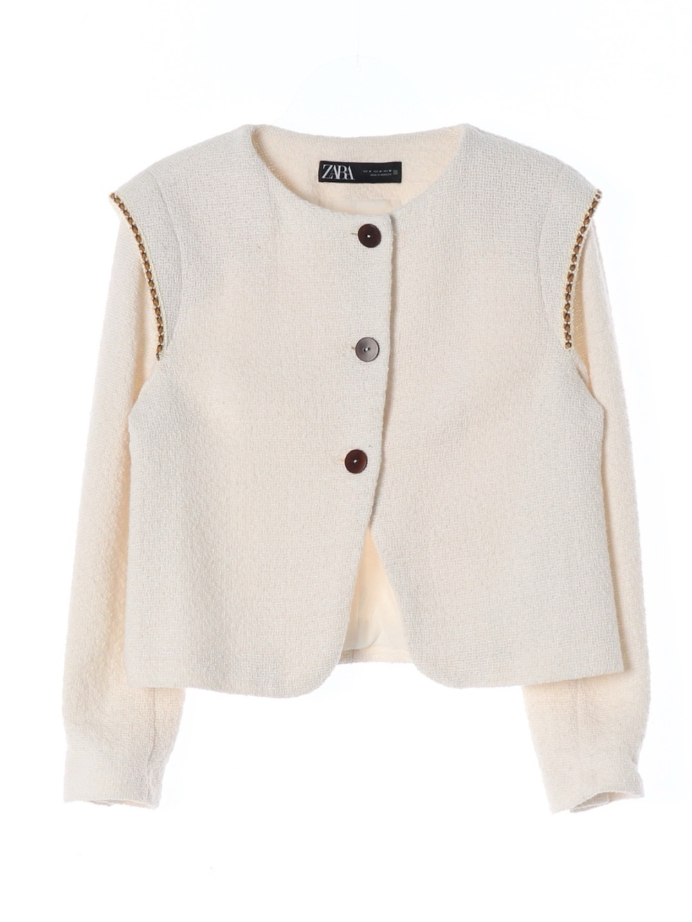 Zara Ivory Bouclé Chain-Trim Button Jacket